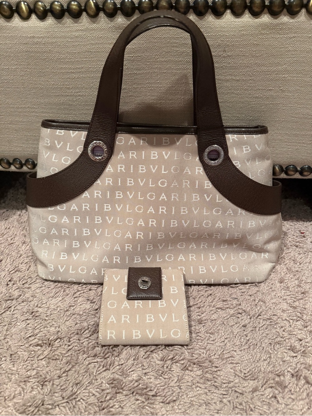 Bulgari Cream Canvas Logo Tote with Brown Leather Trim with matching wallet